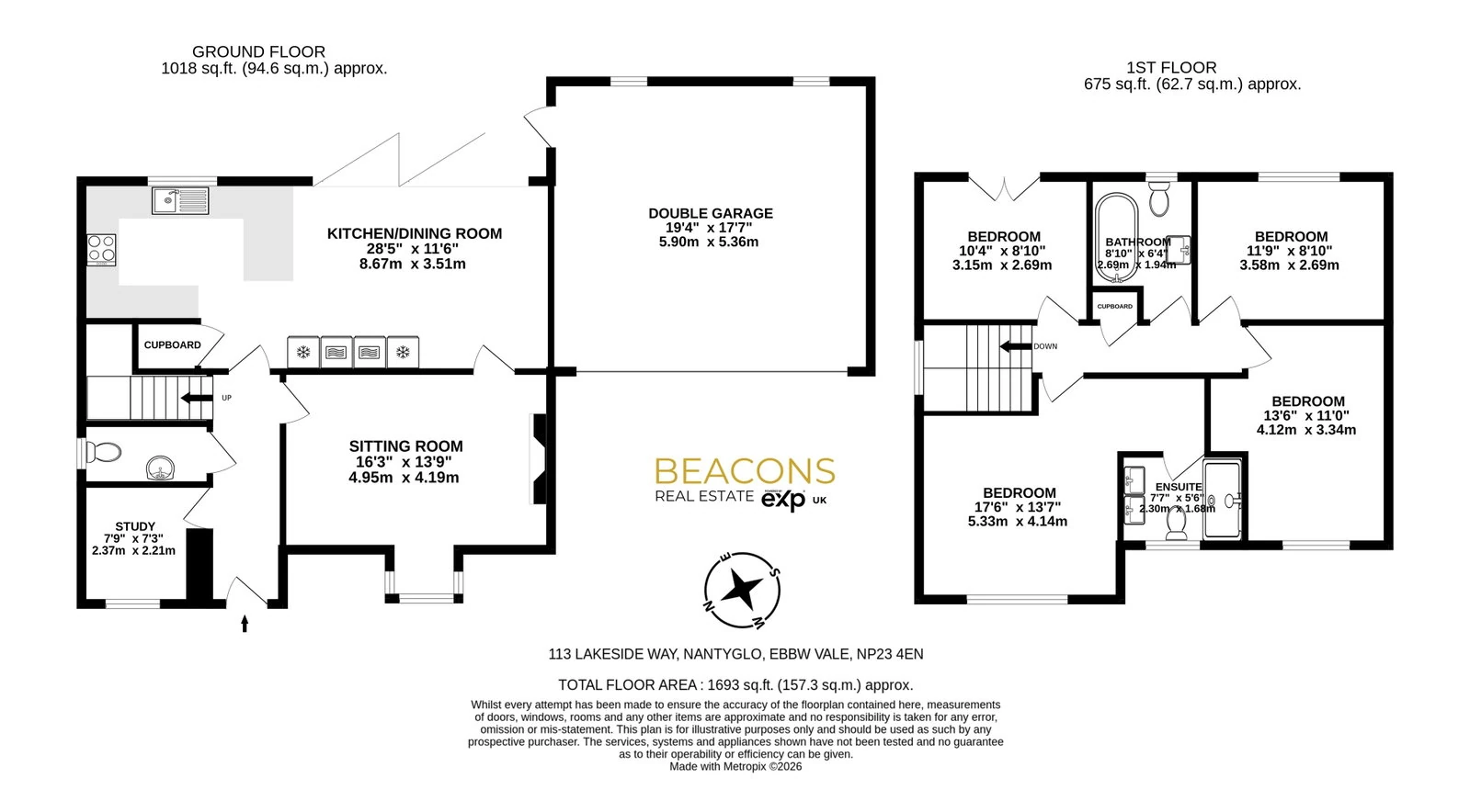 Floorplan of 113 Lakeside Way showing the ground and first floors and the double garage, with a total floor area of 1,693 square feet