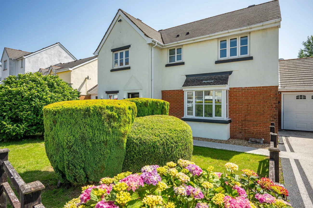 Front garden with mature hydrangeas and the detached house behind
